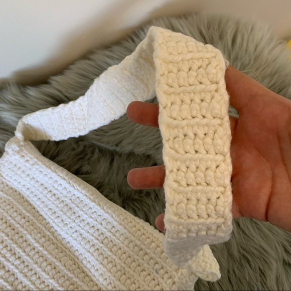 Cream Shoulder Bag. Fold Over Flap. Fringe. Knit. - Picture 5 of 5